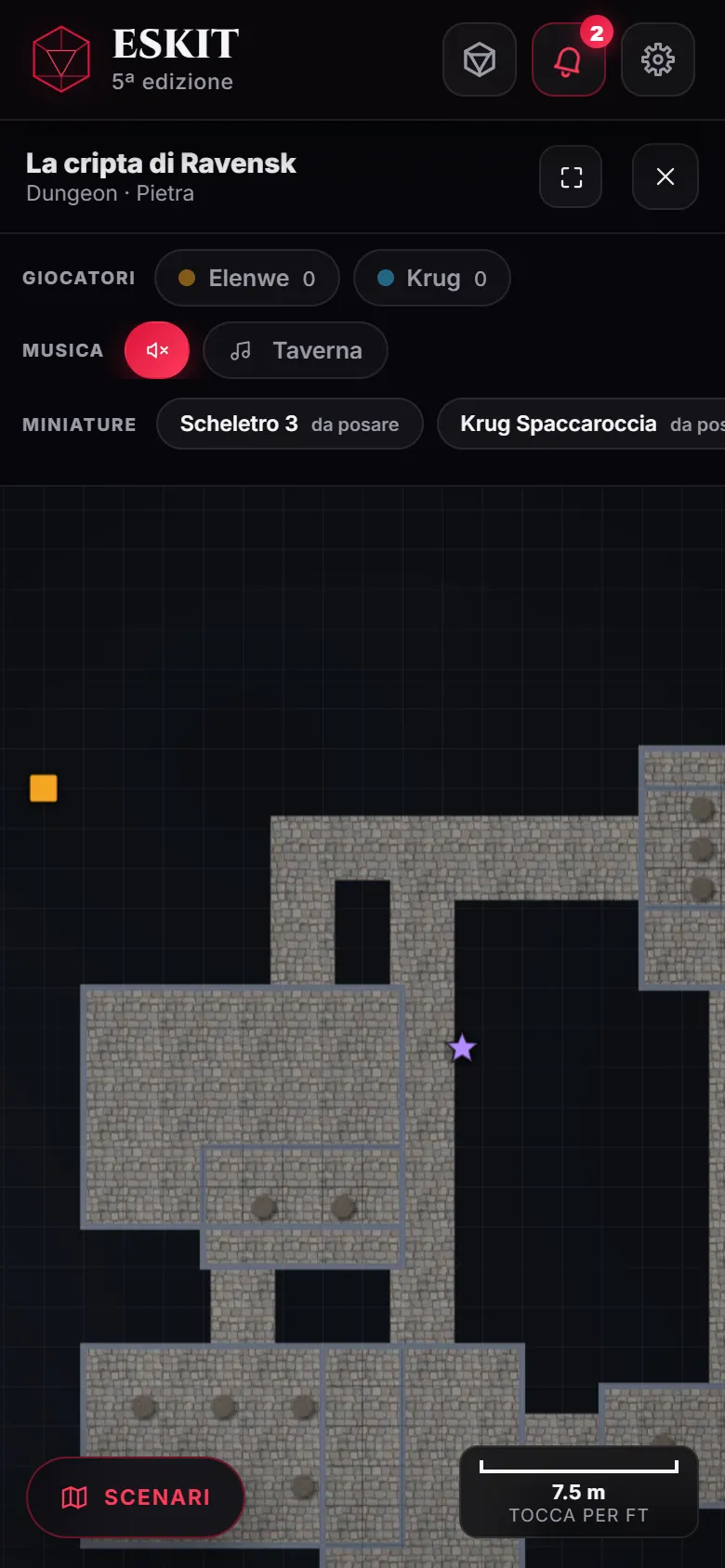Una mappa di dungeon con segnalini, miniature e la musica dello scenario